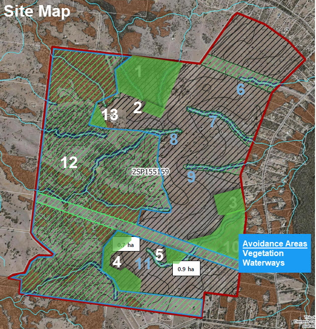 Tumuruu site avoidance map showing vegetation retention areas, waterway corridors, and numbered development zones
