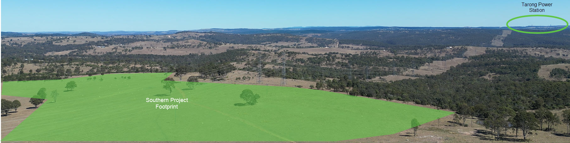 Panoramic view of the southern project footprint showing onsite powerlines and retained native vegetation, with Tarong Power Station visible in the distance